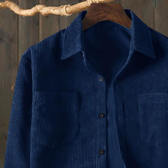 Men Corduroy Shirt Turn-down Collar Single-breasted Solid Color Loose Cardigan Retro Style Mid Length with Chest Pockets Top for Daily
