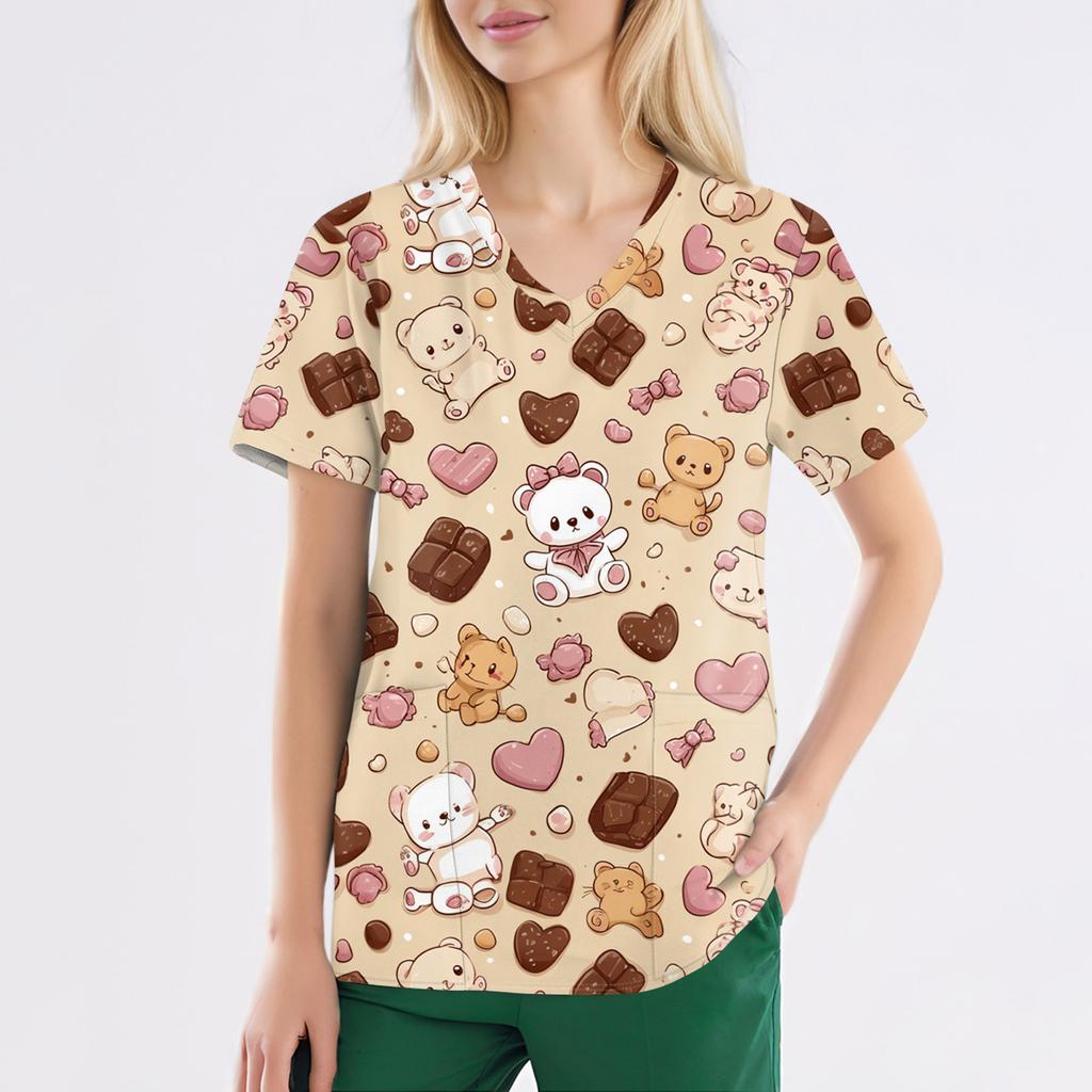 Women's Fashion V-Neck Short Sleeve Overalls With Pockets  Print Tops  Clothes