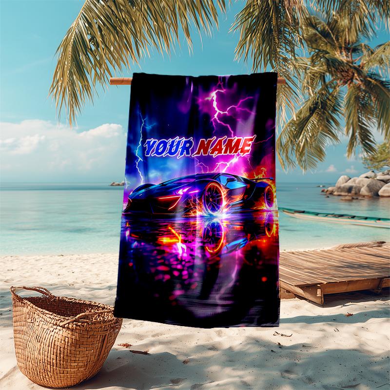 1PC Custom Name "Neon Future Car" Beach Towel Highly Absorbent And Sand-Resistant Towel for Swimming, Pool, Yoga, And Travel Lightweight