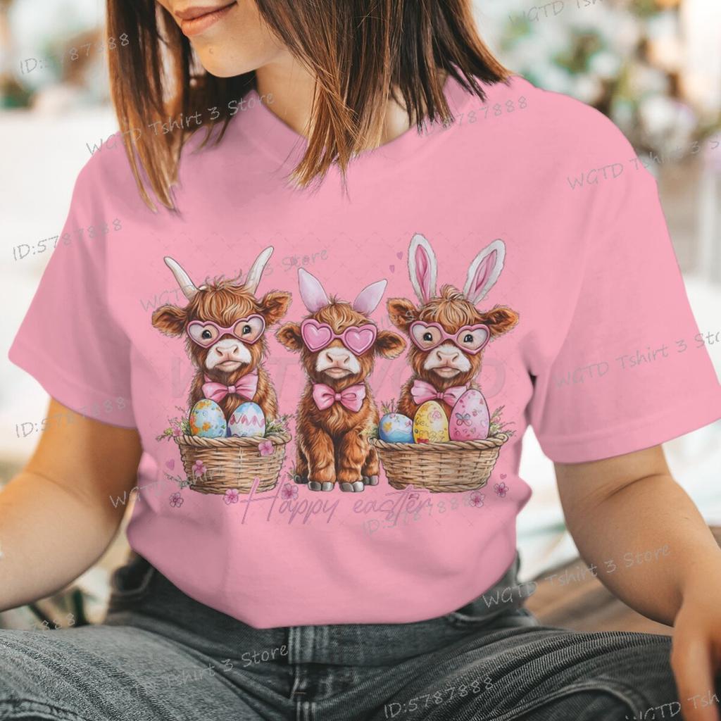 Happy Easter Day T-shirt Female Easter Cute Highland Cow Graphic T Shirts Women Cute Cow Gift for Women Retro Easter Vibes Shirt