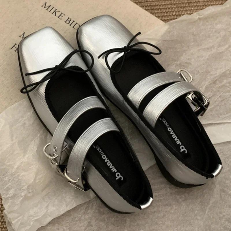 Fashion Vintage Square Toe Buckle Design Mary Jane Shoes Women Fashion Shallow Bow Brand Ballet Flats Comfortable Concise Casual Shoes