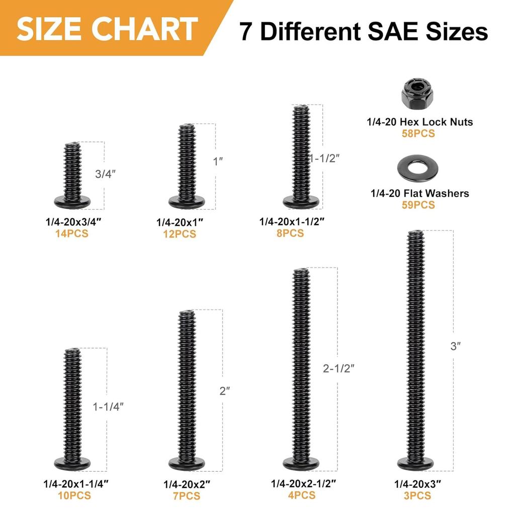 VIGRUE 1/4-20 Flat Socket Head Screw Assortment Furniture Bolts Countersunk Screws Lock Nuts Kit, Stainless Steel 18-8 (304), Black Oxide, Length