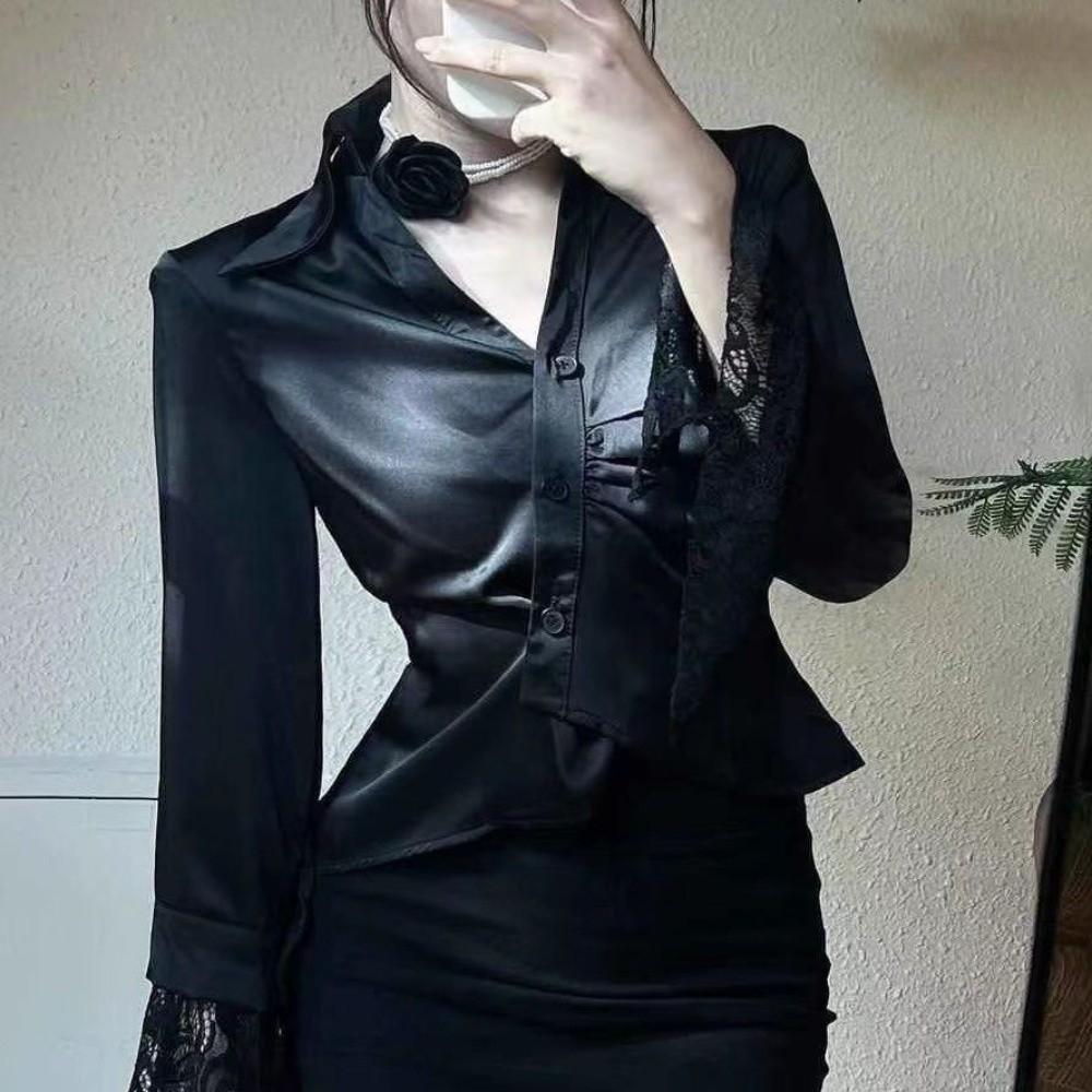 V-neck Lace Long Sleeve Shirts Lace Clothing Sleeves Slim Buttons Shirts  Girls Gift