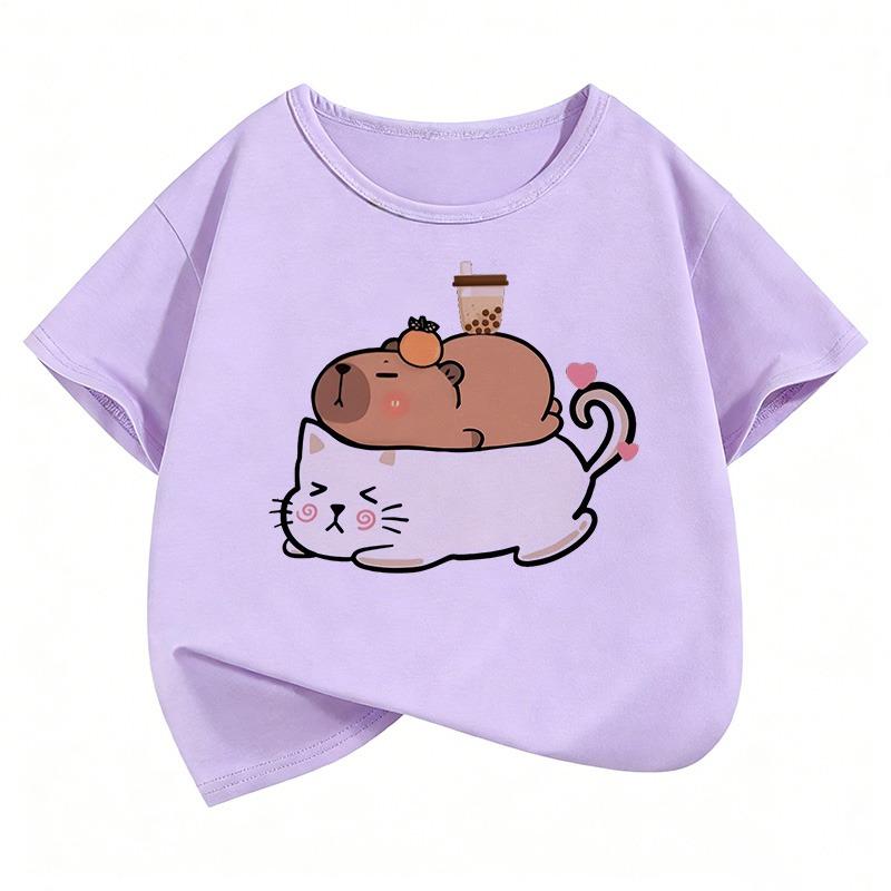 Cute Cat Capybara Kids Tshirts Summer Short Sleeve Tees Cartoon Boys Girls Clothes Kawaii Kitten Tops Y2K Children T-shirt
