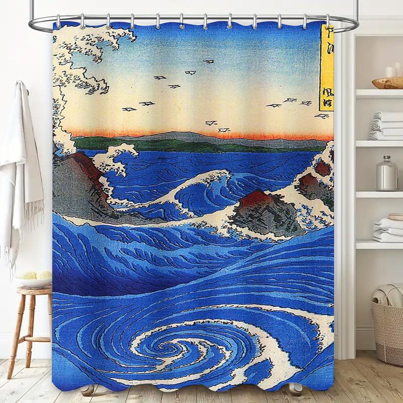 Whirlpool Shower Curtain Removable Waterproof Home Decor Bathroom Wall Hanging Print Custom Size Blue Wave Design