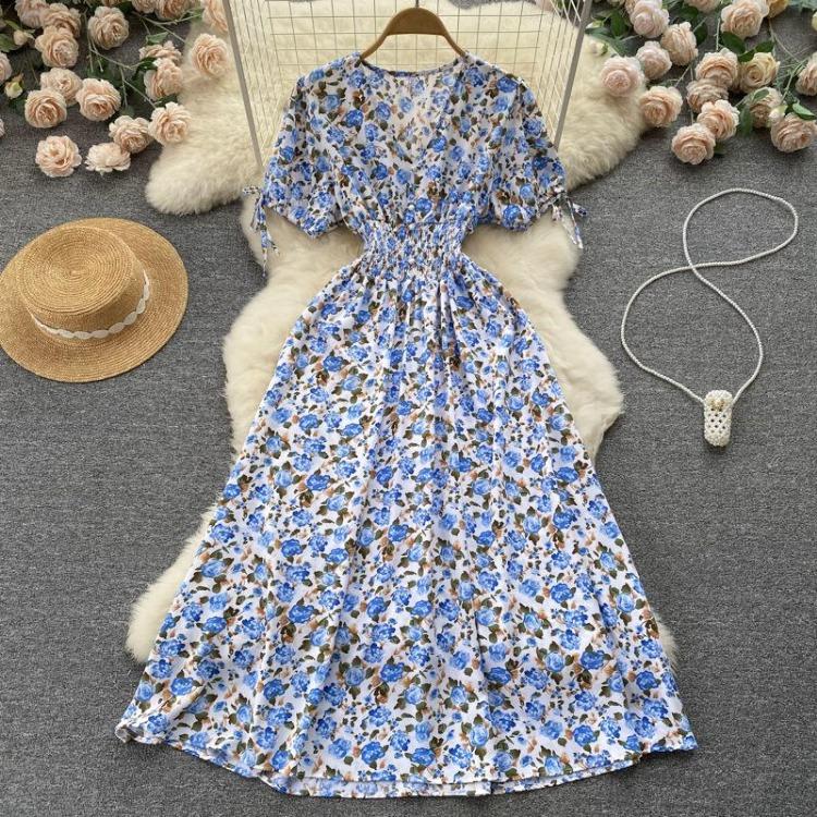 Sommer Blomstermønster V-hals Kort Erme Høy midje A-linje Hverdagskjole Kvinner Vår Ankellengde