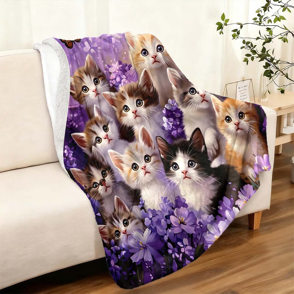 1Pc  Cute Kittens & Purple Floral Butterfly Fleece Blanket Soft Warm Cozy Throw Blanket For Cat Lovers