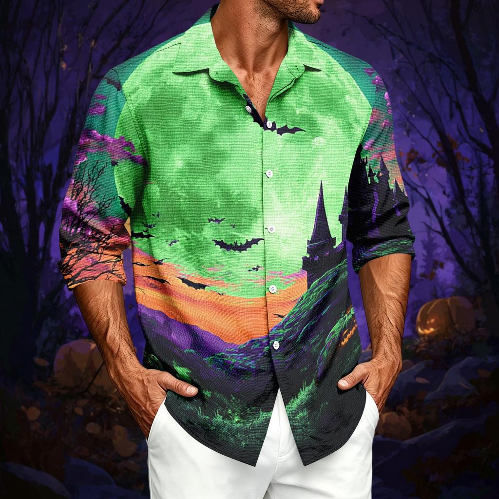 Men's Casual Long-Sleeve Shirt with Halloween Print for Spring ,Summer and Fall