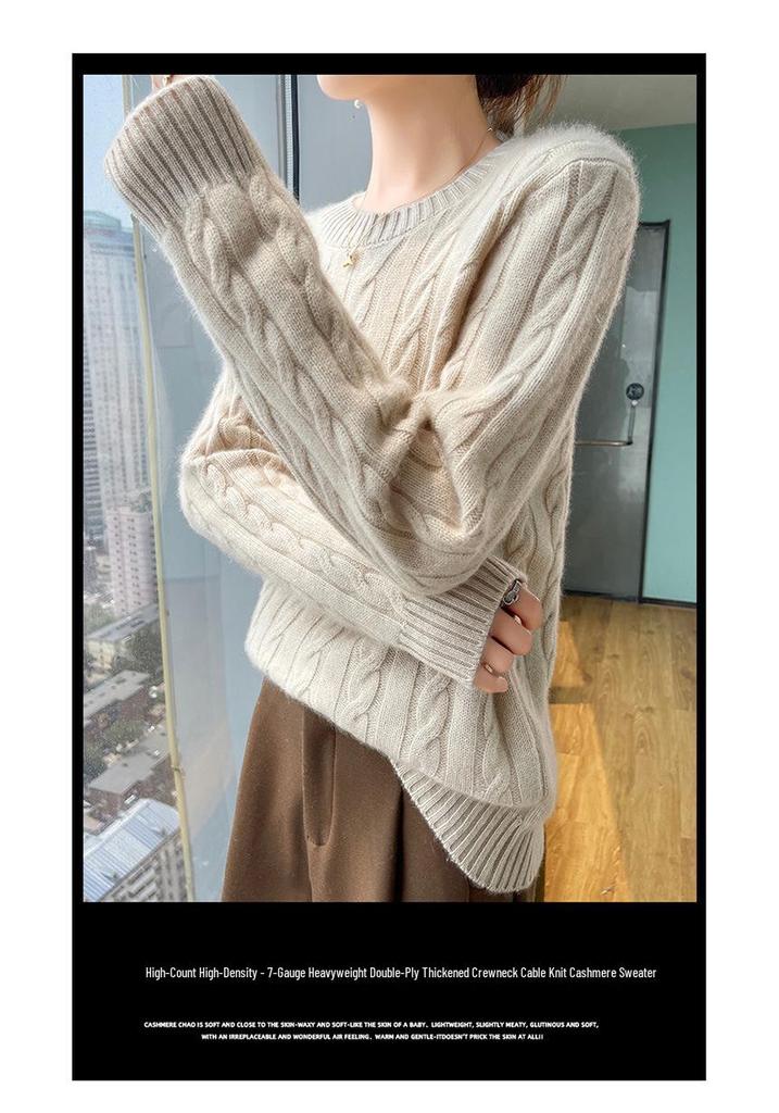 Autumn Winter Women's Thick Cashmere Round Neck Pullover - Retro Cable Knit Soft Sweater