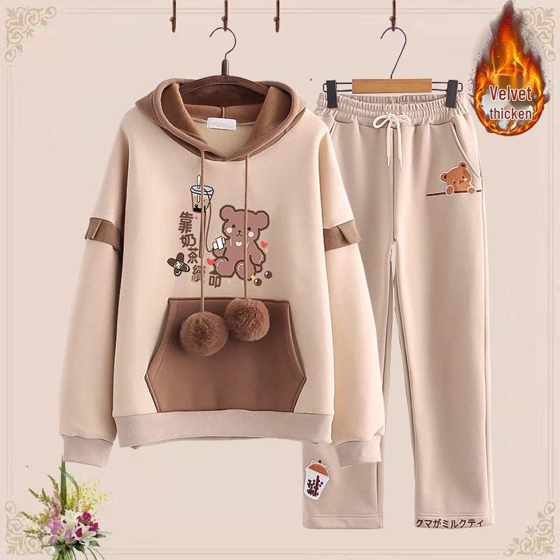 Podzimní/Zimní Sametová Zesílená Dvoudílná Sada pro Dívky (Věk 12-15): Mikina a ležérní sportovní oblečení