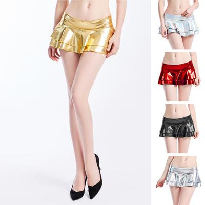 Damen Einfarbiger Minirock Niedrige Taille Einfarbig Doppellagiger Kurzer Rock Aus Kunstleder Helle Farbe Bühnenauftrittsrock