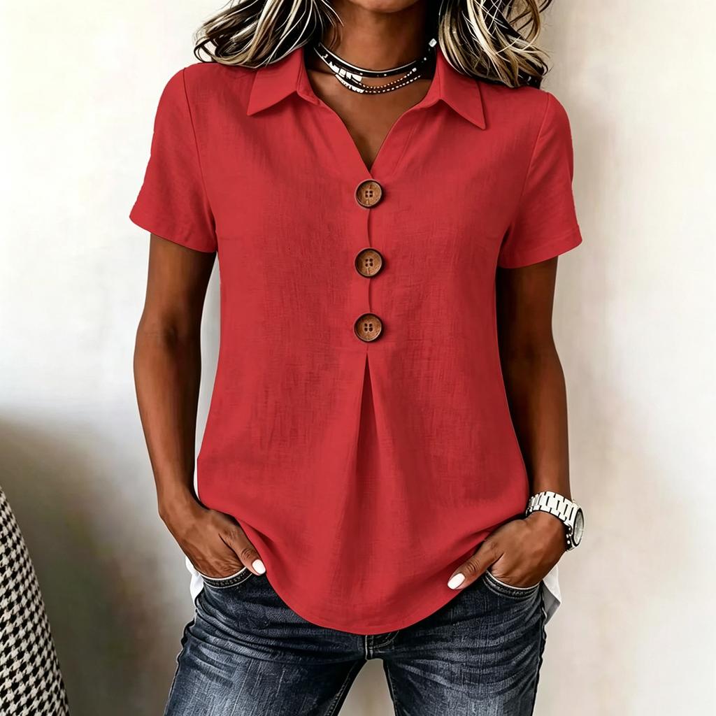 Women's Casual V Neck Button Front Shirt Short Sleeve Collared Blouse Lightweight Loose Fit Summer Top