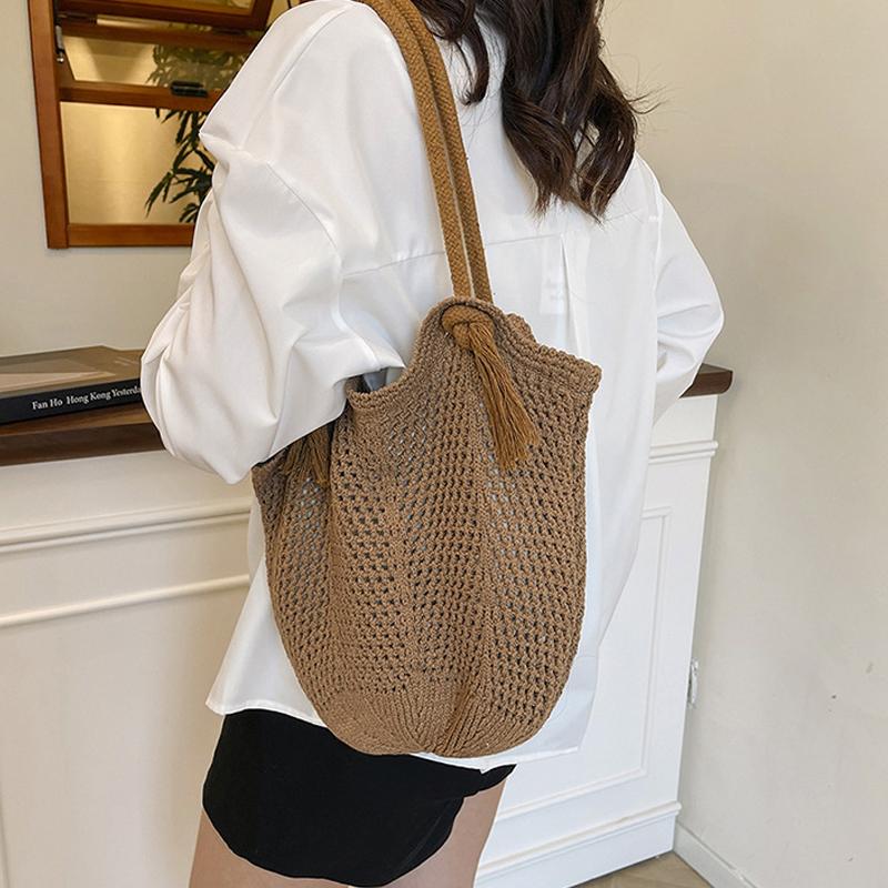 Portable Bohemian Knitted Shoulder Bag Hollowed Out Solid Color Casual Woven Handbag Sweet Soft Crochet Tote Bag CLE