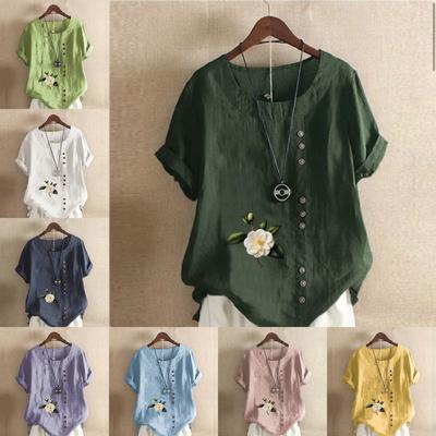 Women's Fashion Flower Prined Round Neck Short Sleeve T-shirt Casual Cotton Linen Graphic Shirt Leisure Loose Summer Blouse Tops