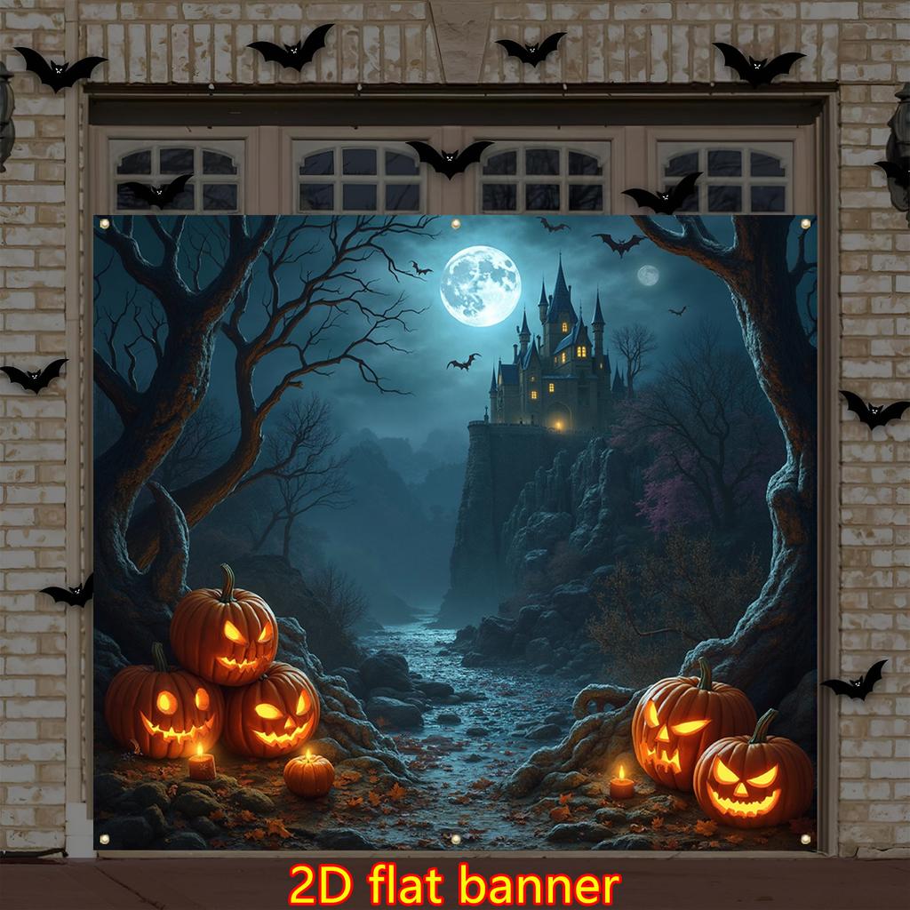 2D Flat Halloween Garage Door Decoration Background Banner Pumpkin Lantern Haunted Night scene.PMJ