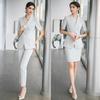 Women's High-End Grey Shawl Collar Short Sleeve Suit Set - Elegant Summer Business Formal Wear