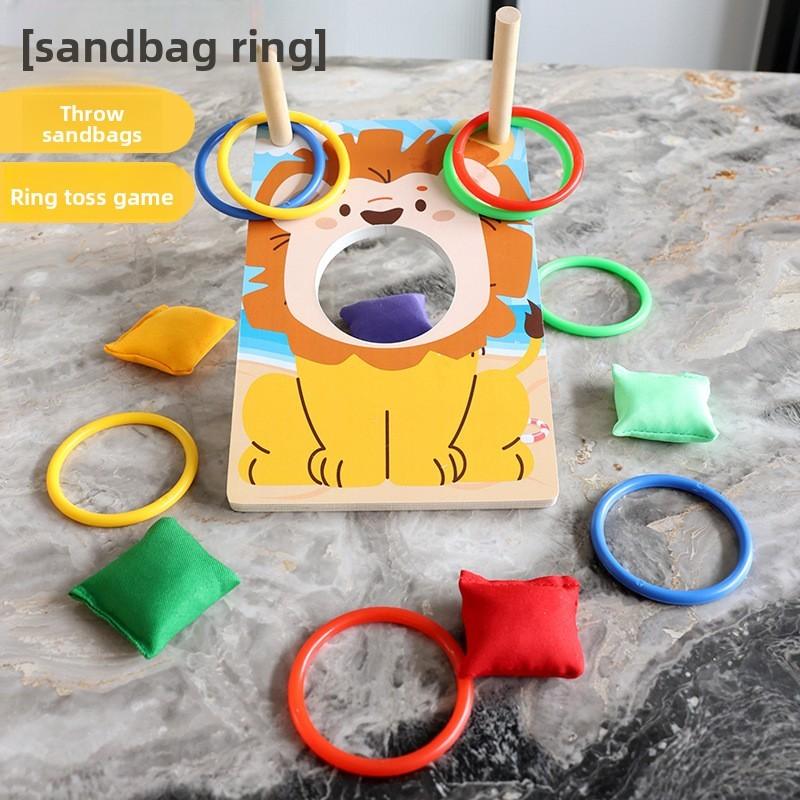 Childrens Lion Fun Bean Bag Toss Ring Game With Wooden Material For Educational Play