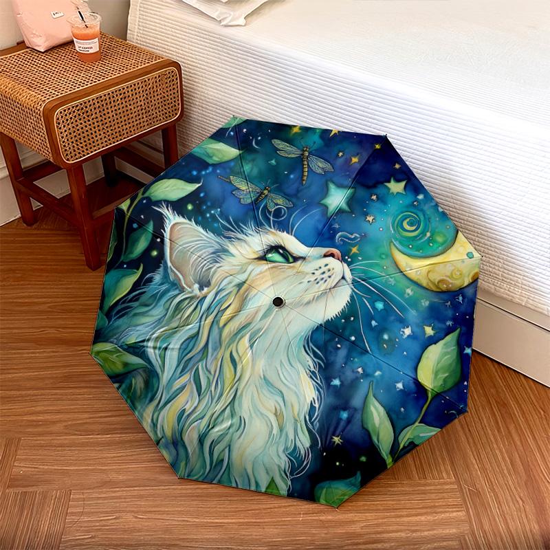 Plant Cat  pattern, automatic folding umbrella, portable and foldable design, 8 ribs, a Christmas or birthday gift.