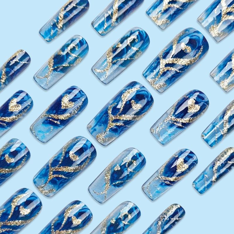 24 Stück Falsche Nägel Set Gold Glitzer Herz Dekoration Blau Blühende Maniküre Aufklebenagel für Stilvolle Frauen und Mädchen