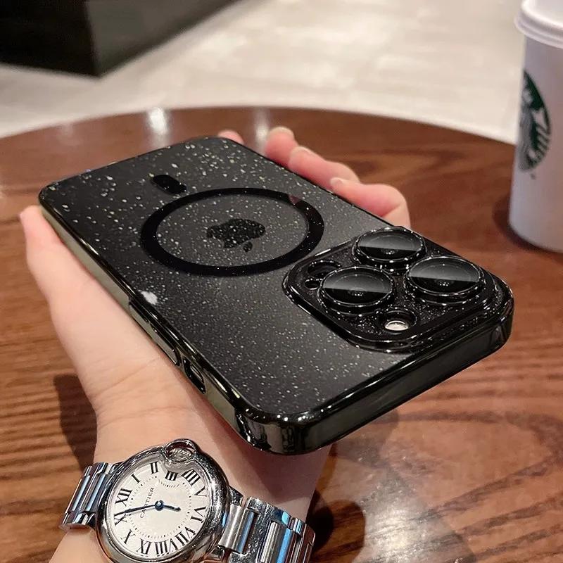 Luksusowe Przezroczyste Etui z Brokatem i Płytką do Ładowania Bezprzewodowego Magsafe Magnetyczne Etui dla iPhone 16 15 14 Plus 13 12 Pro Max 11 Twarda Cienka Pokrywka