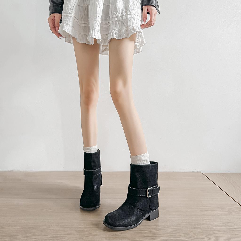 Suding~ Thick-soled heightening short boots for women's 2025 autumn new western jeans tube boots thick heel short boots Martin boots