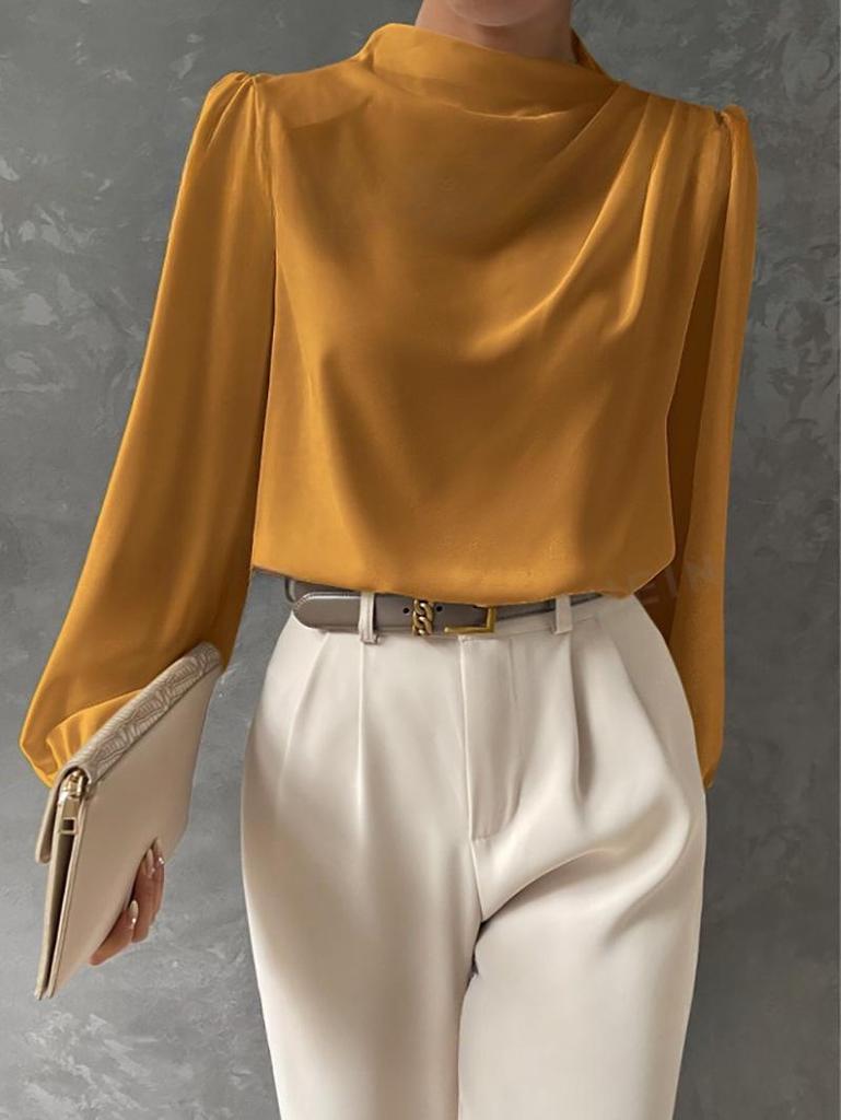 Solid Color Ruched Satin Pullover: Women's European and American Style Long-Sleeved Shirt