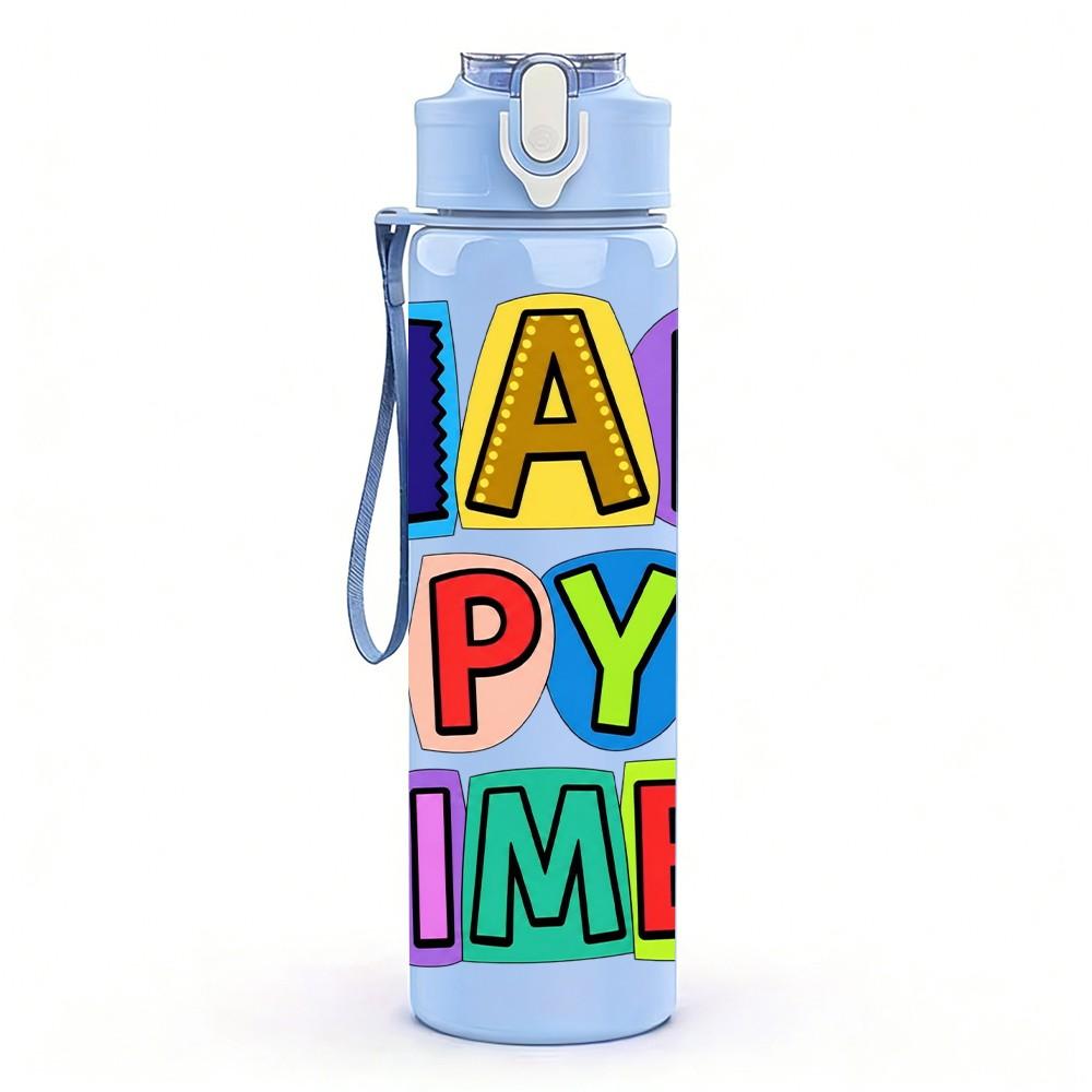 1PC Happy Py Times Letter Art 750ml Color Plastic Sports Water Bottle Leakproof Flip Straw Lid Suitable for Sports Office Home Use