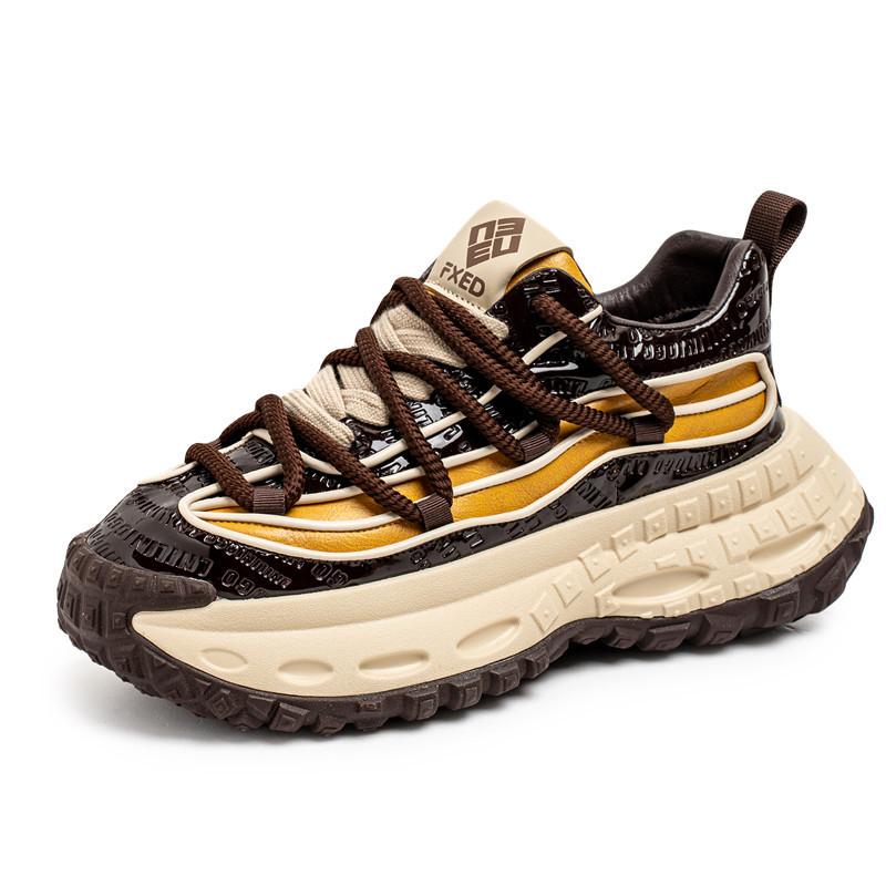 Spring and Autumn Leather Surface Heightening Sports Casual Shoes New Men's Adolescent Personality Thick-soled Lace-up Dad Trendy Shoes Men