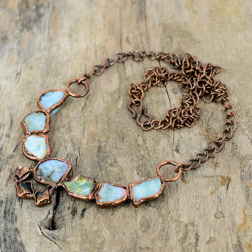Larimar Rough Necklace Electroformed Copper Necklace Adjustable Chain Necklace Handmade Electroformed Jewelry High Quality Gemstone Necklace