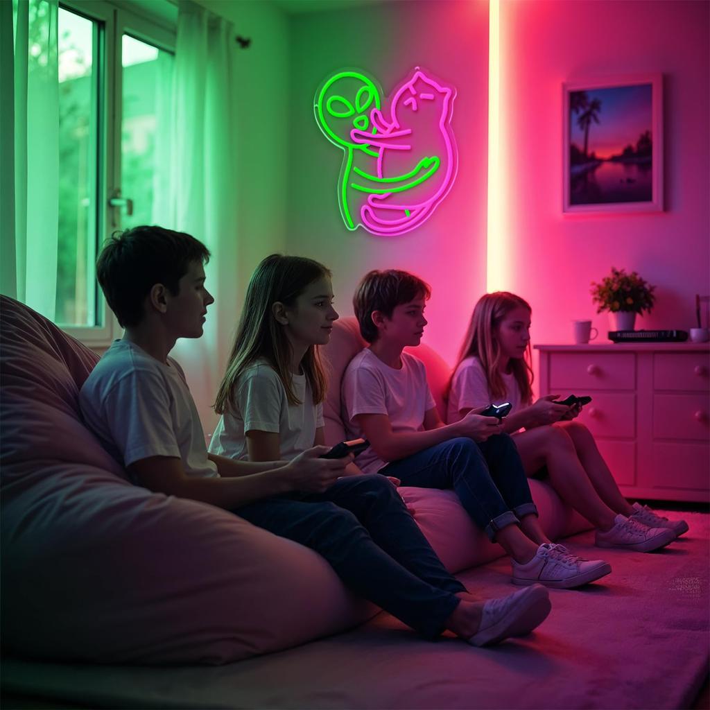 Neon LED Wall Decoration Unique Alien and Cat Neon LED - Adjustable Brightness, USB-powered, Home Decor Wall Decoration