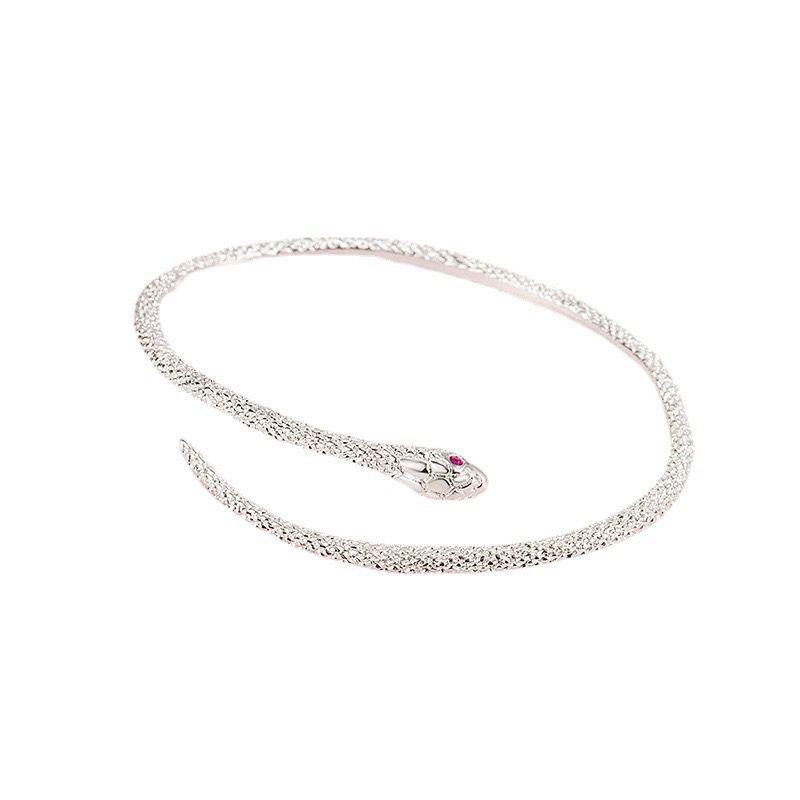 Silver Serpent Bangle: Minimalist Adjustable Design with Red-Eyed Detail - High-Quality Textured Bracelet