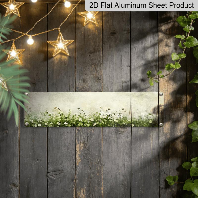 2D Flat, 1pc, Rustic, White Flowers and Green Clover Field on Textured Background, Aluminium Decorative Sign, Meadow Nature Landscape, Wall Art