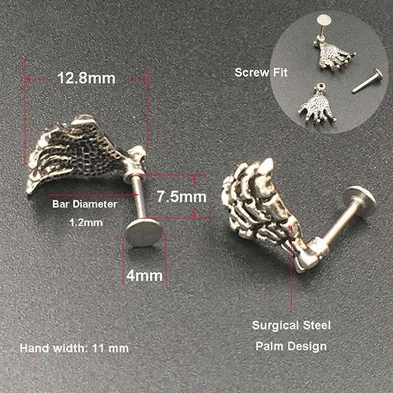 Skull Devil Hand Lip Piercing Zircon Skeleton Labret for Women Men Palm Stud Earrings Christmas Gift Hot Unique Punk Metal 1pc