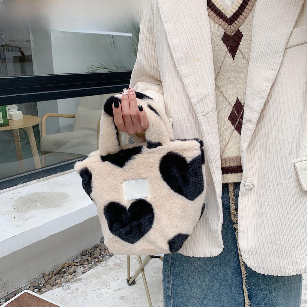 Adorable Plush Tote Bag With Heart Pattern Spacious Cute Student Handbag