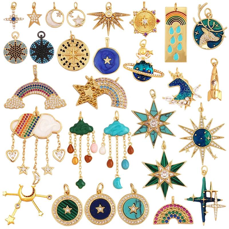 New Trendy Shining Space Sun Moon Star Charm Pendant, Gold Inlaid Cubic Zirconia Jewelry Necklace Bracelet Making Supply L44