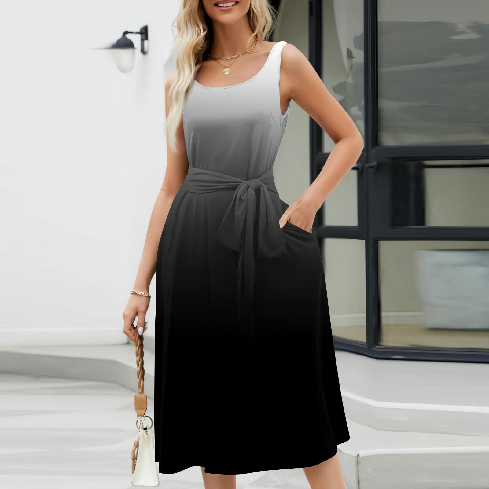 

Летние платья для женщин 2024, пляжные свободные с круглым вырезом, без рукавов, миди-трапеции, распашное платье, сарафаны с карманами L чёрный