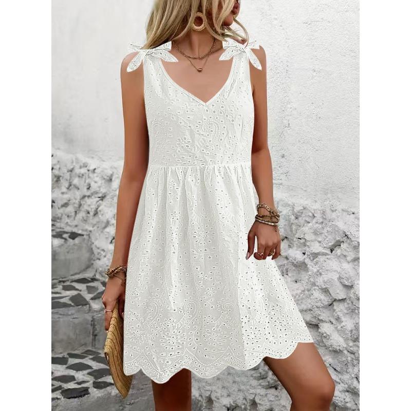Women's Summer Jacquard Embroidery Slip Dress Temperament V-neck Sleeveless Off-the-shoulder Dress