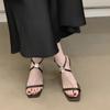 Fashion High-heeled Sandals Women's Square Head Crystal Buckle Thin with Crossed One-line Buckle Non-slip and Wear-resistant Fine Heels