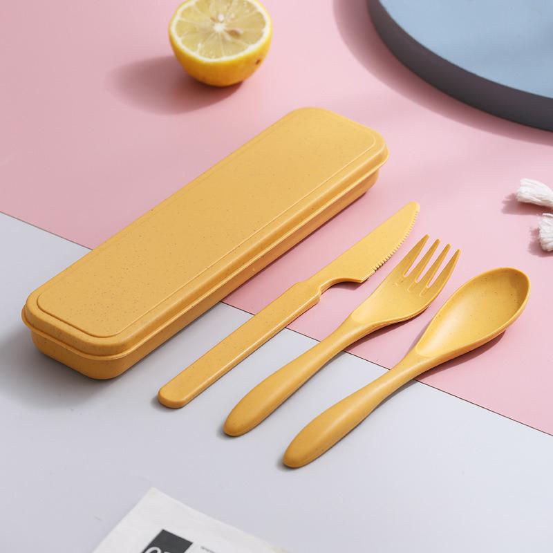 3In1 Wheat Straw Dinnerware Set Portable Reusable Cutlery Sets Knife Fork Spoon Chopsticks Travel Utensil Box Camping Tableware
