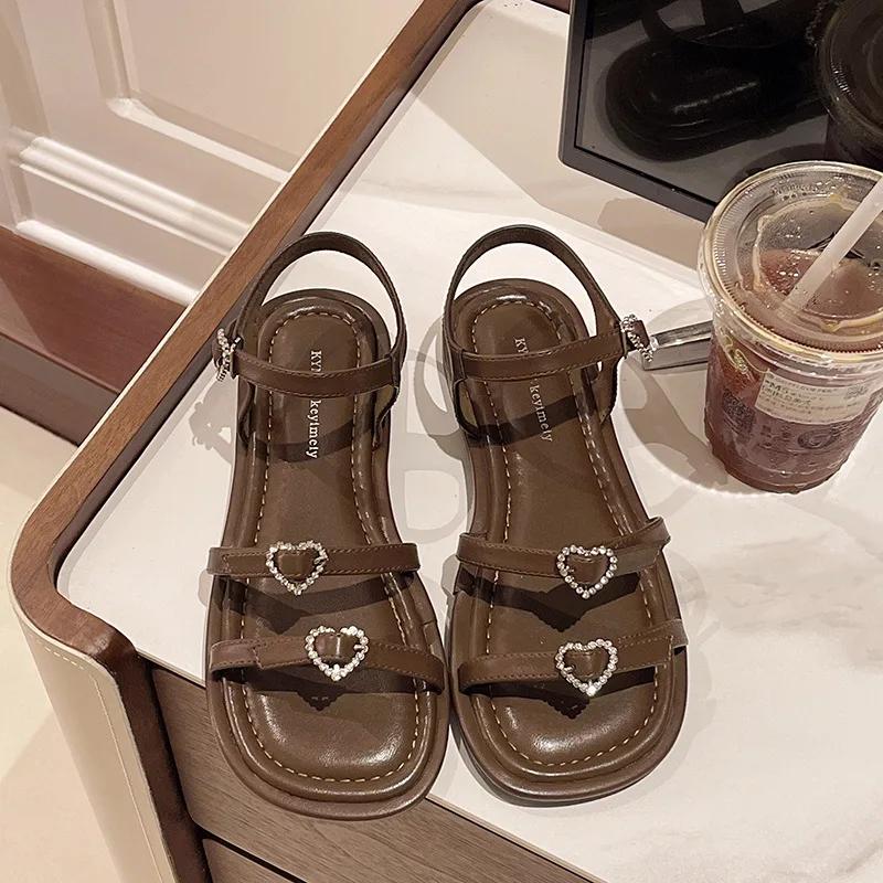 Black Xiaoxiangfeng Flat-soled Sandals Women's 2025 Summer Outer Wear French Style with Skirt High-end Fairy Shoes