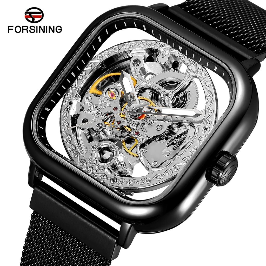 Fashion Forsining Top Men Mechanical Watches Automatic Self-wind Golden Transparent Mesh Steel Wristwatch For Man Male Hour