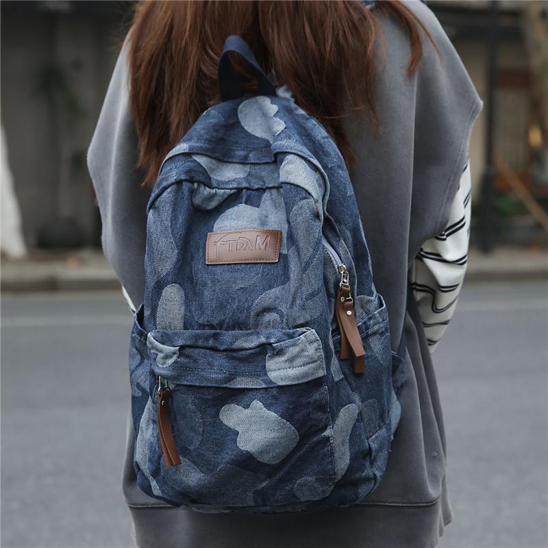 Denim Camouflage Backpack Casual Style Unisex School Bag Fashionable Travel Rucksack