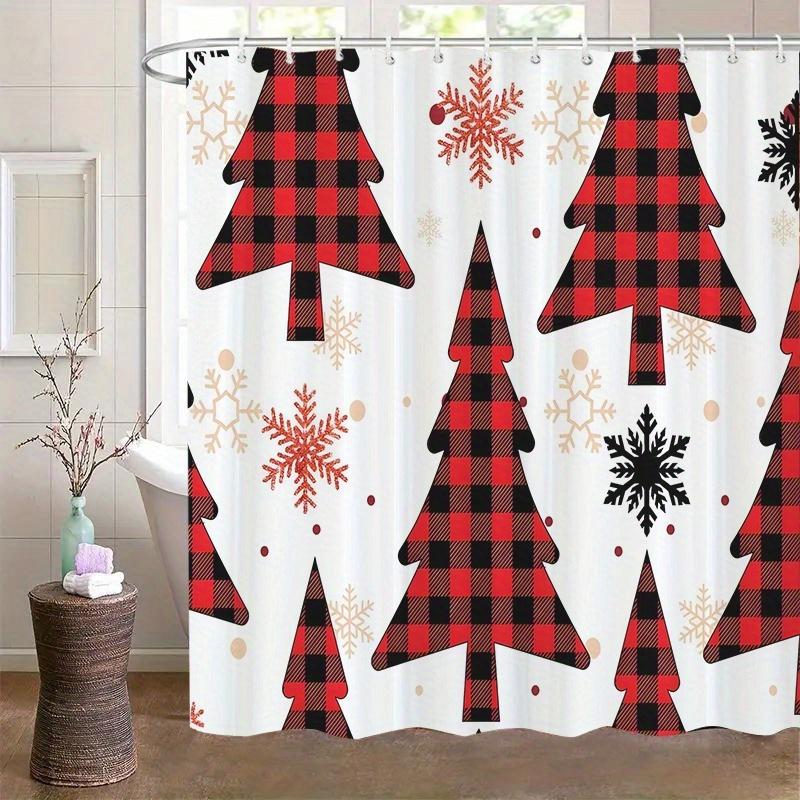 1Pc Red And Black Plaid Snowflake Pattern Shower Curtain, Polyester Fabric, Machine Washable, Suitable For Bathroom Decoration