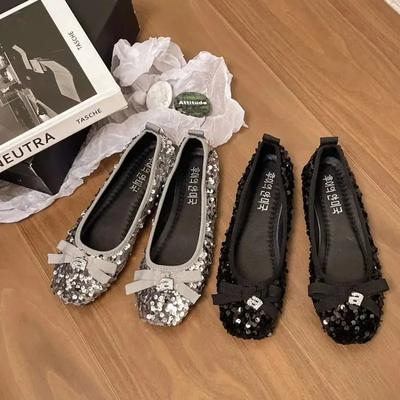 Mode 2024 Nouveaux Ballerines à Paillettes Brillantes Été Femmes Nœud Bout Rond Chaussures Mary Janes Mode Pendentif Diamant Élégantes Mocassins Dames