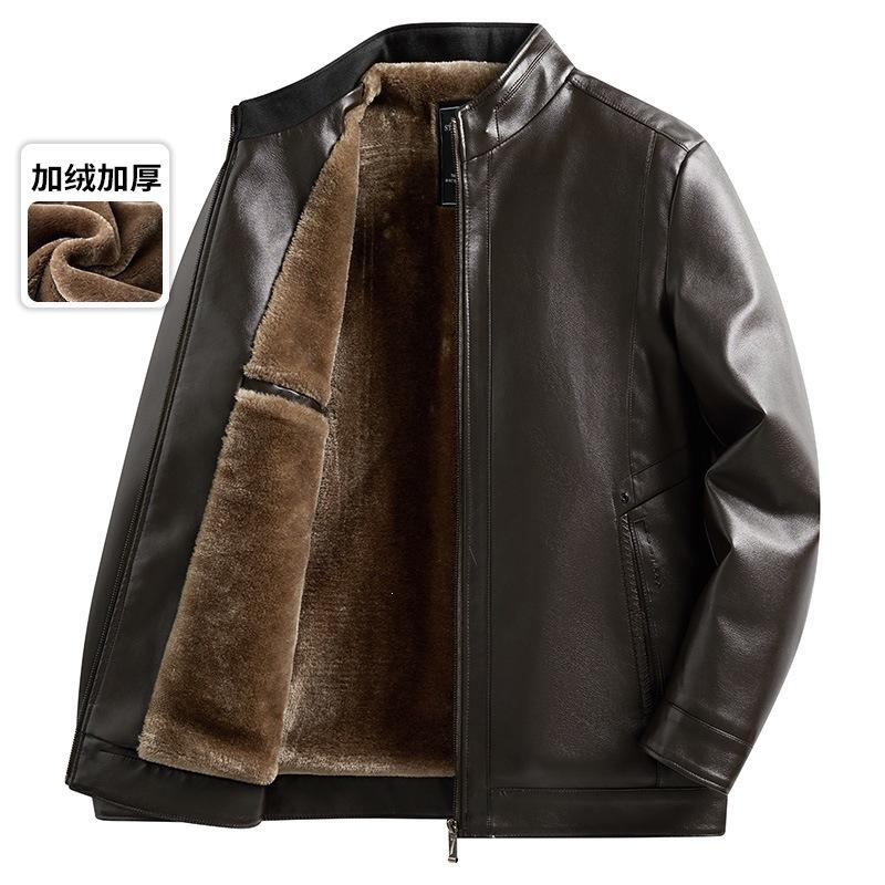 New winter velvet thickened leather jacket middle-aged men's stand-up collar casual leather jacket warm winter dad leather jacket