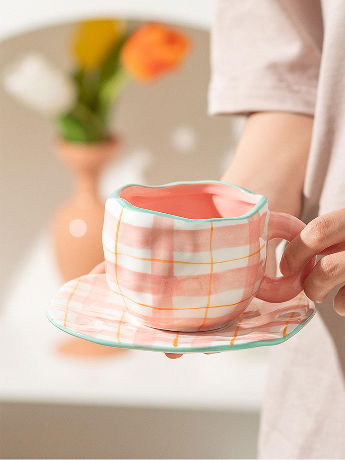 

Hand-painted Flower Ceramic Coffee Cup Home Office Mug With Plate Spoon Breakfast Milk Juice Tea Handle Cup Gift Drinkware Set 201-300ml