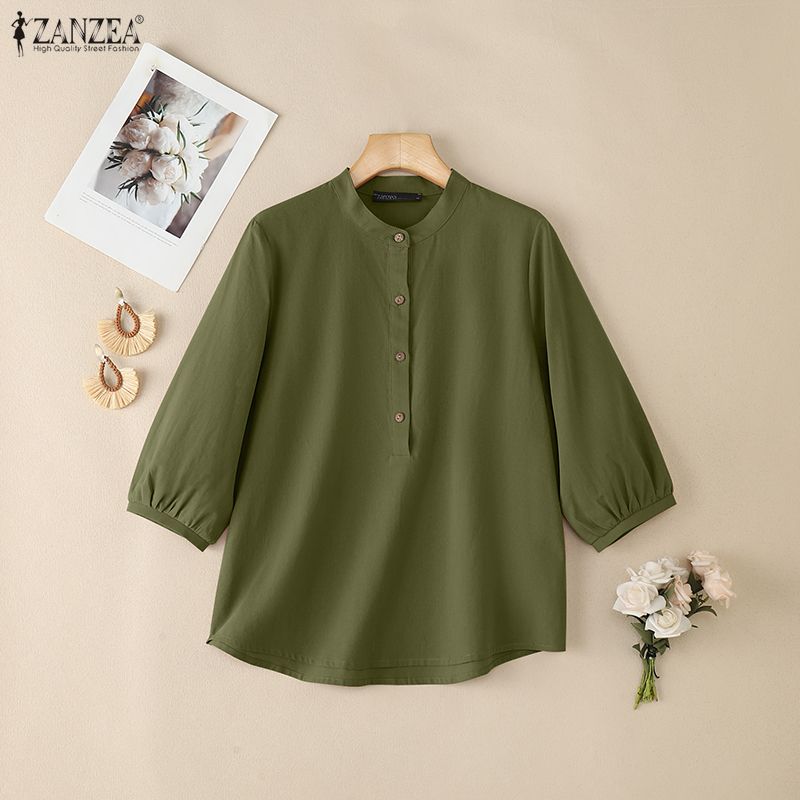 ZANZEA Women Casual Round Neck Solid Color 3/4 Sleeve Cotton Blouse
