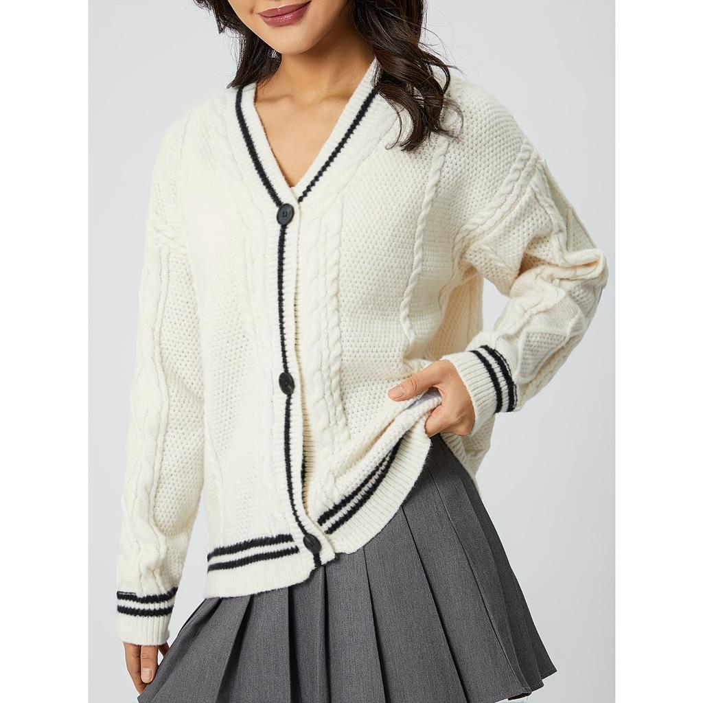 Women's V Neck Long Sleeve Loose Fit Solid Color Knitted Cardigan Casual Sweater Top
