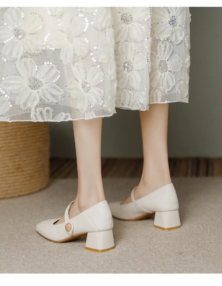 Genuine Leather Chunky Heel Mary Janes - Low-Cut, Soft Sole & Upper for Casual Wear in Spring & Autumn