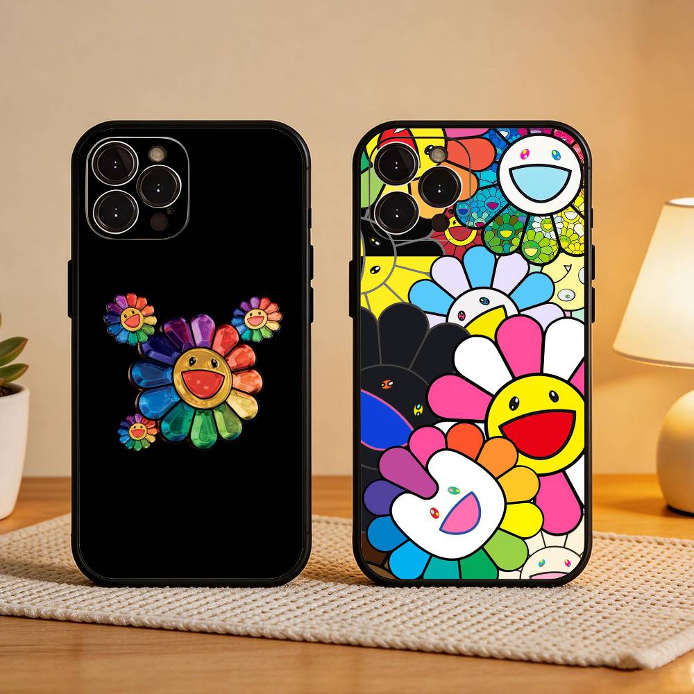 Vibrant Pop Trend M-MurakamiS Art Phone Case For iPhone17,16,15,14,13,12Plus,Pro Max,XS,5G Soft Silicone Black Cover